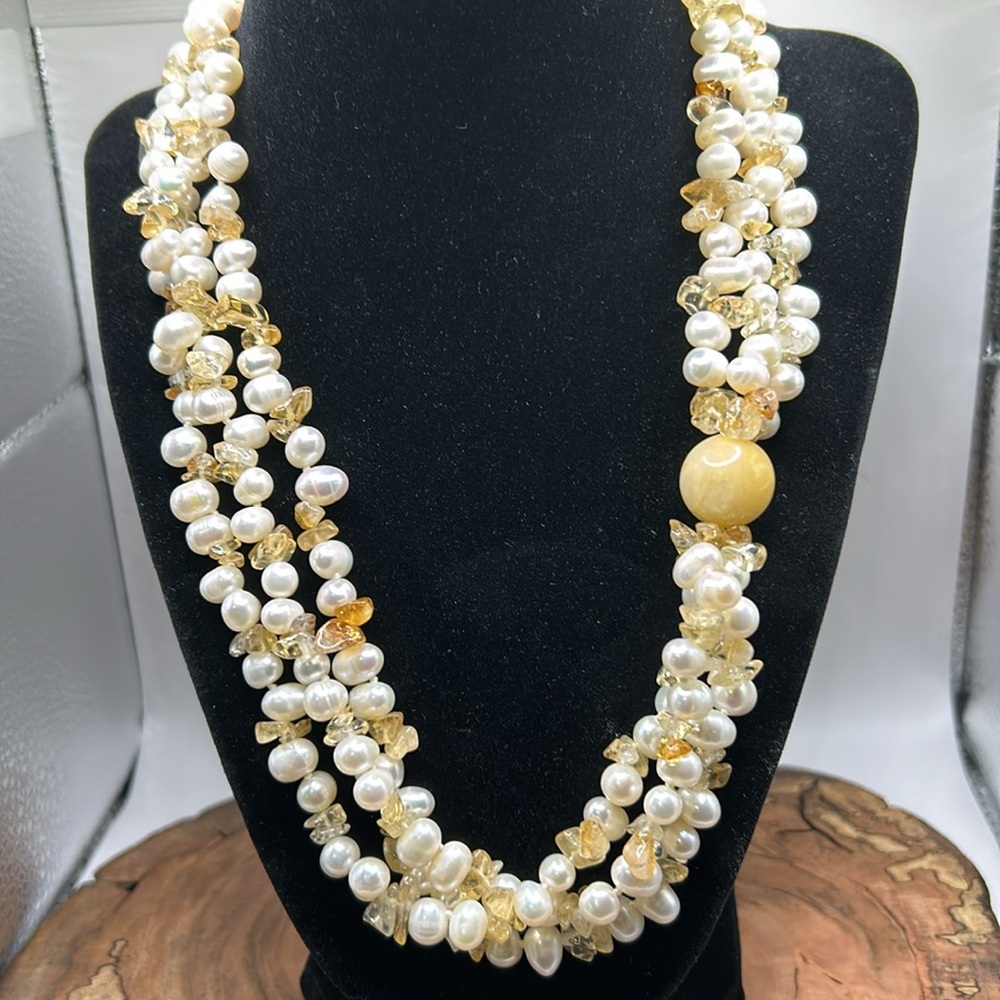 PEARL FRESHWATER IOLITE JADE NECKLACE TRIPLE STRAND Valentine Beach Wedding Gift